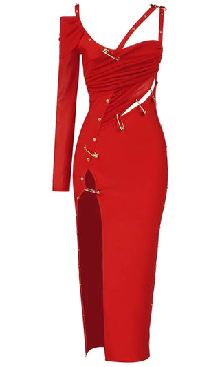 Punk And Posh Red One Shoulder Long Sleeve Stud Safety Pin V Neck Front Slit Cut Out Bodycon Bandage Midi Dress