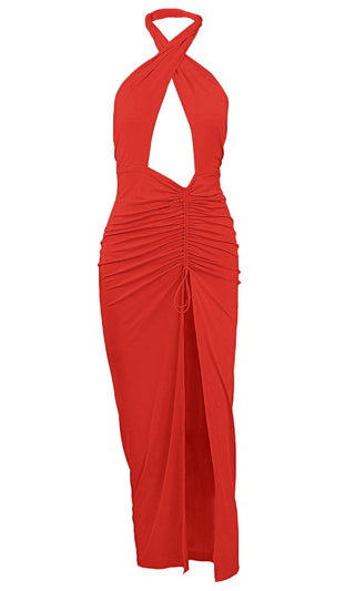 Love Without Hesitation Red Casual Keyhole Cut Out Cross Twist Halter Neck Sleeveless Ruched Slit Front Maxi Dress