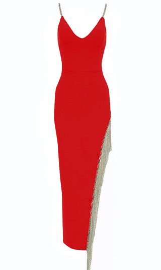 Forever In My Mind <br><span>Red Sleeveless Rhinestone Strap Crystal Fringe V Neck Cut Out Side Bodycon Bandage Maxi Dress</span>