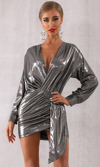 She's Got It All Silver Metallic Long Lantern Sleeve Cross Wrap V Neck Ruched Wrap Tulip Bodycon Mini Dress - Sold Out