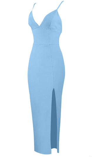 Thinking It Over Blue Sleeveless Spaghetti Strap V Neck Wide Waist High Slit Bodycon Bandage Maxi Dress