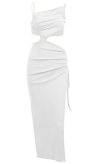 Cut And Paste White Sleeveless Spaghetti Strap Asymmetrical Cut Out Sides Open Back Ruched Drawstring Side Slit Maxi Dress