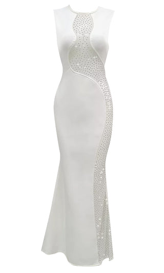 Peek Of Perfection <br><span>White Sleeveless Sheer Mesh Rhinestone Cut Out Back Round Neck Mermaid Maxi Dress</span>