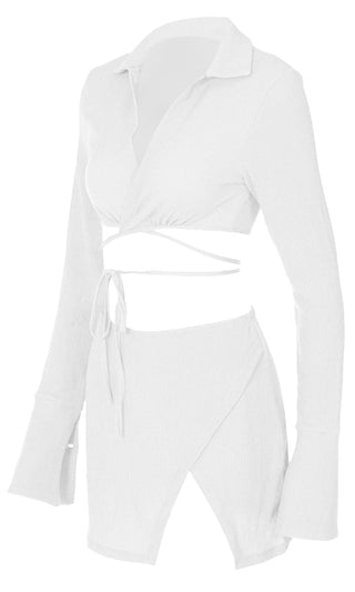 Hot Spot <br><span>White Long Sleeve Cross Wrap V Neck Crop Top Split Wrap Bodycon Two Piece Casual Mini Dress</span>
