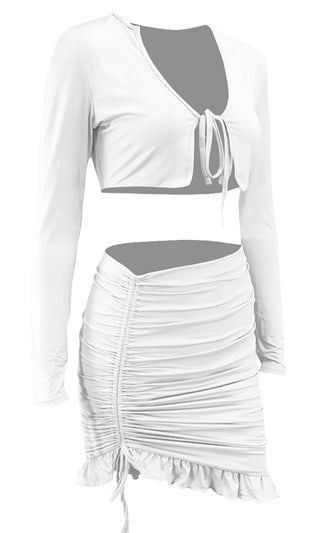 I Get It Long Sleeve V Neck Tie Front Crop Top Bodycon Ruffle Ruched Casual Two Piece Mini Dress