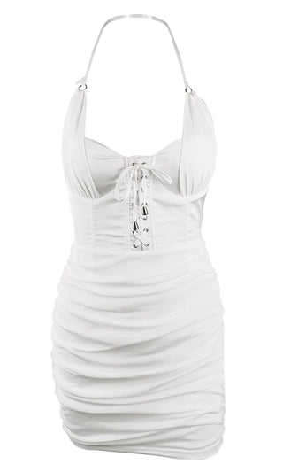 Step To The Side White Sheer Mesh Sleeveless Halter Sweetheart Neck Lace Up Ruched Bodycon Mini Dress