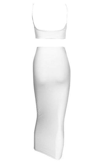 Press Release White Sleeveless Spagheti Strap Scoop Neck Crop Top Bodycon Midi Two Piece Dress