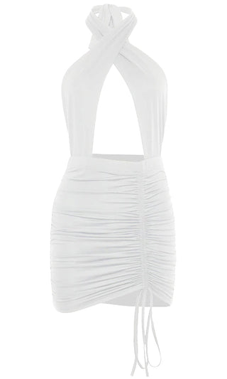Evening Drinks White Sleeveless Cross Twist Halter Neck Tie Back Keyhole Cut Out Open Back Ruched Drawstring Bodycon Mini Dress