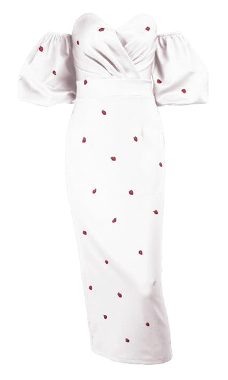 Burning Desire <br><span>Strawberry Pattern Off The Shoulder Puff Lantern Sleeve Sweetheart Neck Bodycon Midi Dress</span>