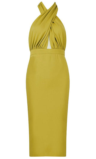 Your Dream Girl Chartreuse Yellow Sleeveless Pleated Ruched Cross Wrap Halter Neck Bodycon Midi Dress