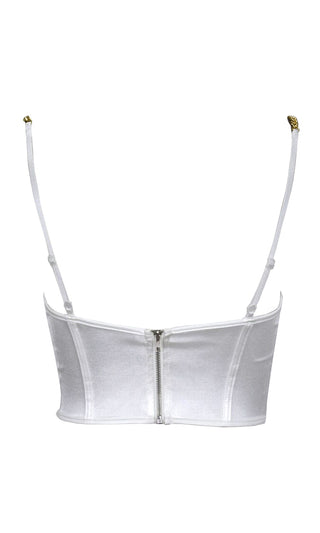 Take It Off White Satin Sleeveless Chain Strap Padded Bustier Crop Tank Top