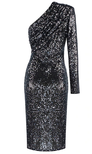 Meet The Moment Black One Shoulder Pad Sequin Long Sleeve Ruched Midi Bodycon Dress