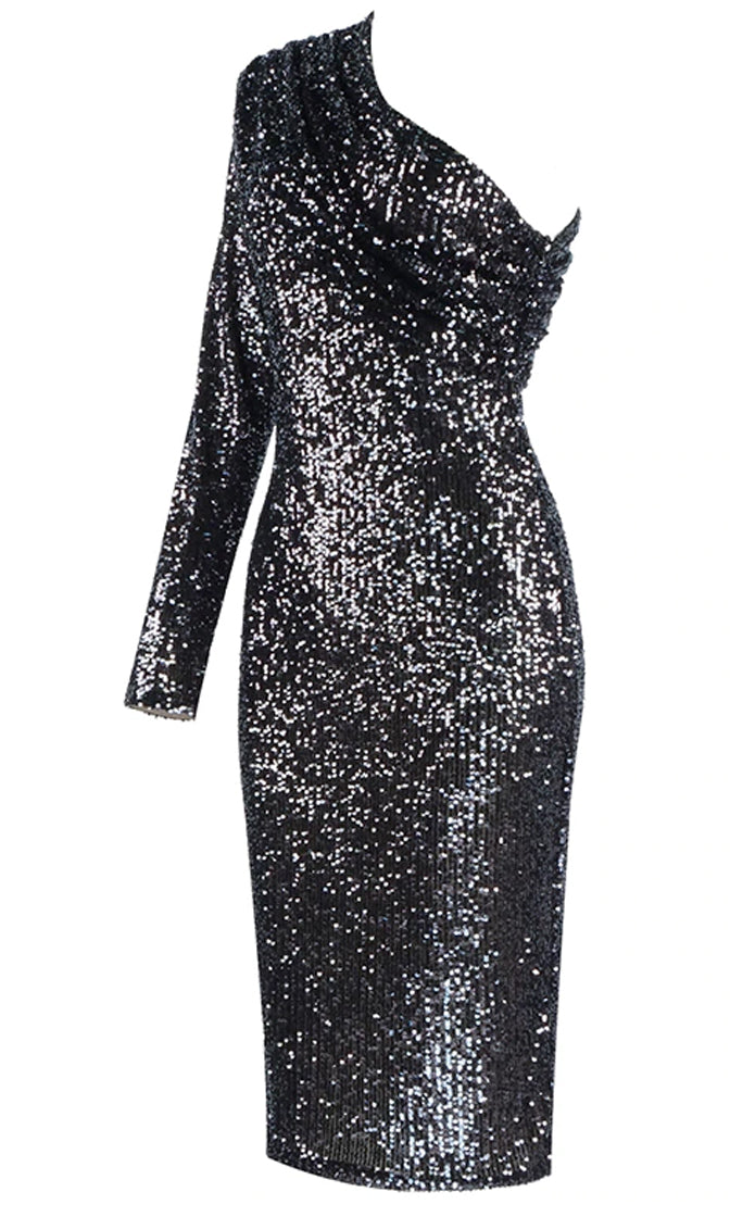 Meet The Moment Black One Shoulder Pad Sequin Long Sleeve Ruched Midi ...