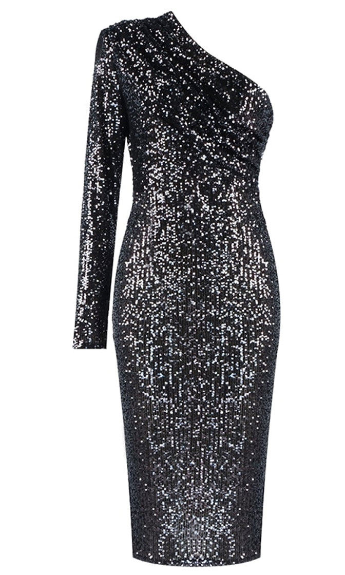Meet The Moment Black One Shoulder Pad Sequin Long Sleeve Ruched Midi ...