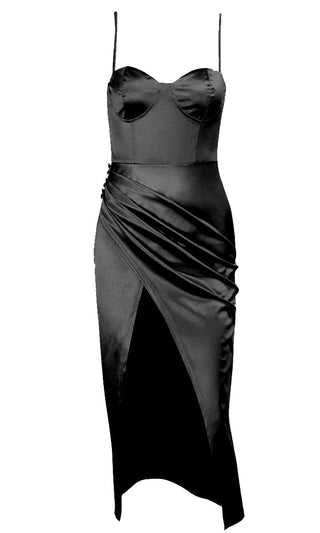 Total Glamour Black Satin Sleeveless Spaghetti Strap Bustier Drape Front Split Bodycon Midi Dress