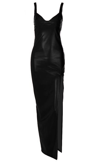 Bombshell Beauty PU Faux Leather Sleeveless Spaghetti Strap V Neck Side Slit Bodycon Maxi Dress