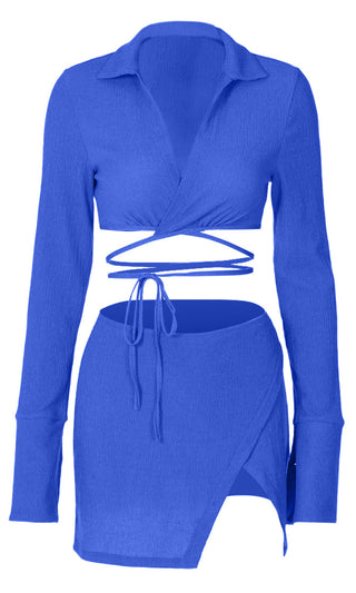 Hot Spot <br><span>Blue Long Sleeve Cross Wrap V Neck Crop Top Split Wrap Bodycon Two Piece Casual Mini Dress</span>