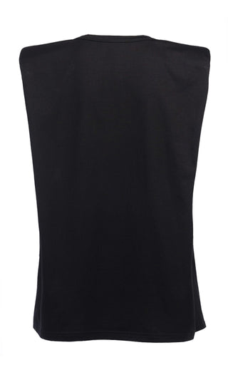 Strong And Stylish Black Solid Classic Basic Shoulder Pad Muscle Tee Round Scoop Neck Tee Shirt Sleeveless Top