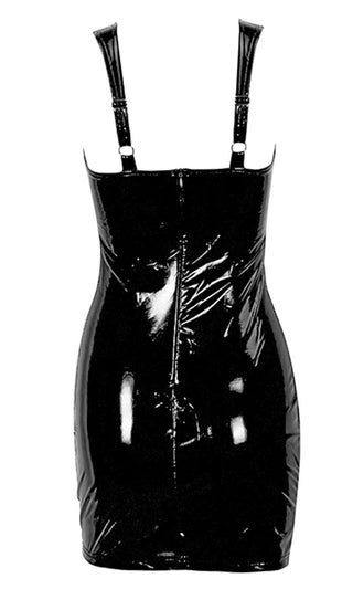Candy Coated Black PU Faux Leather Vinyl Sleeveless V Neck Stretch Vinyl Bodycon Mini Dress