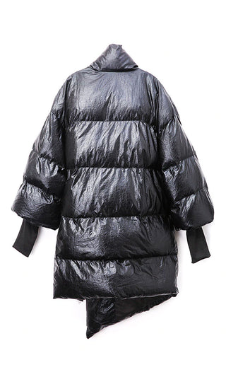 Armored Up <br><span> Black Long Sleeve Down Quilted Oversized Ribbon Trim Asymmetric Puffy Winter Coat Outerwear</span>