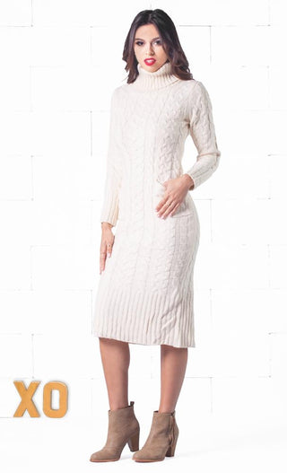 Indie XO Snow Bunny Beige Long Sleeve Turtleneck Cable Knit Pocket Midi Sweater Dress