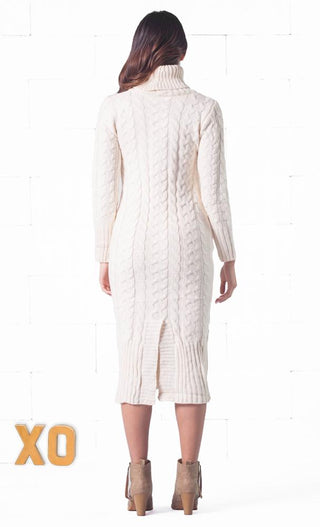 Indie XO Snow Bunny Beige Long Sleeve Turtleneck Cable Knit Pocket Midi Sweater Dress