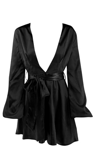 Rolling With It Satin Long Lantern Sleeve Plunge V Neck Cut Out Back Tie Waist Flare A Line Mini Dress