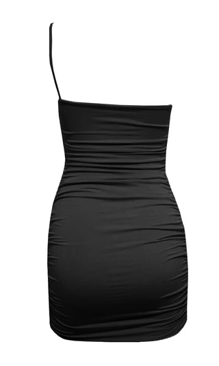 Bright Night Black Sleeveless Spaghetti Strap One Shoulder Ruched Bodycon Mini Dress