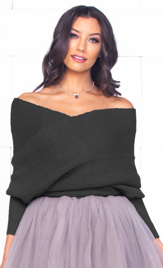 Wrapped In Love Black 3/4 Sleeve Off The Shoulder Cross Wrap V Neck Crop Pullover Sweater