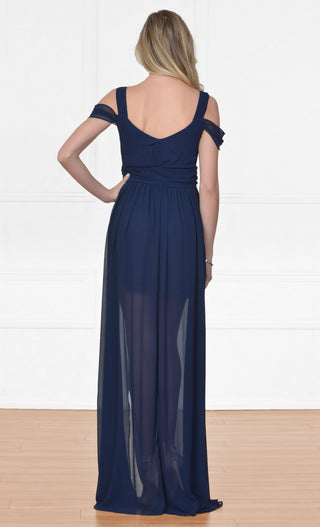 Indie XO Once Upon a Time Navy Blue Sleeveless Off The Shoulder V Neck Long Side Slit Maxi Dress Evening Gown