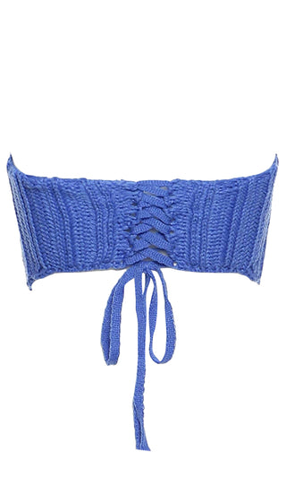 Short Notice Blue Stretchy Ribbed Triangle V Hem Strapless Lace Up Back Crop Top