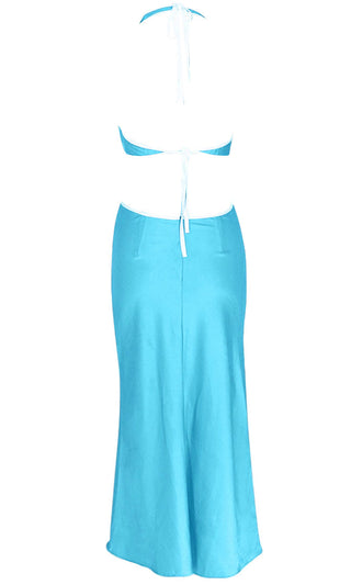Summer Stunner <br><span>Blue Satin Sleeveless Spaghetti Strap Ruched Halter Plunge V Neck Cut Out Sides Backless Maxi Dress</span>