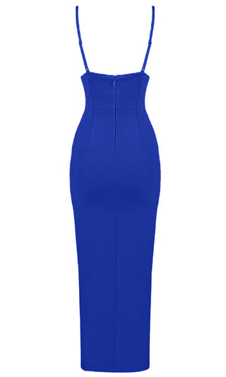 Thinking It Over Blue Sleeveless Spaghetti Strap V Neck Wide Waist High Slit Bodycon Bandage Maxi Dress