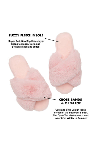 Women's Cross Band White House Shoes Fur Slippers Soft Plush Fuzzy Fluffy Furry Woman Slip On Fleece Bedroom Slippers