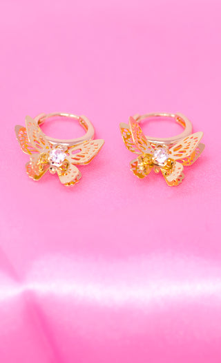 Catch A Butterfly 14K Gold Filled with Rhinestone Crystal Center Stone Huggies Hoops