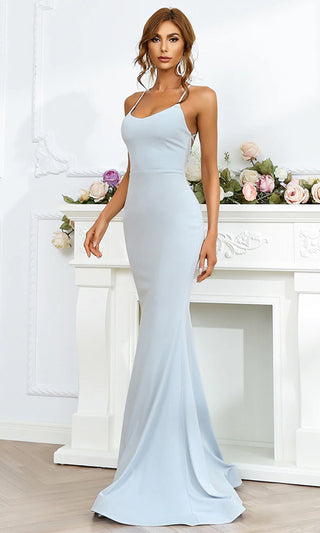 Care To Be Light Blue Sleeveless Spaghetti Strap Sweetheart Neckline Cross Tie Lace Up Back Bodycon Mermaid Maxi Dress Gown