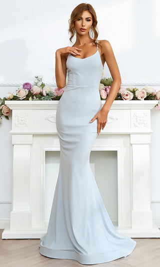 Care To Be Light Blue Sleeveless Spaghetti Strap Sweetheart Neckline Cross Tie Lace Up Back Bodycon Mermaid Maxi Dress Gown