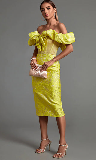 Lemonade Kisses <br><span>Yellow Off The Shoulder Ruffle Sleeve Bustier Bodycon Midi Dress</span>
