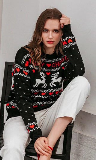 Deck The Halls Green Heart Reindeer XMAS Merry Christmas Pattern Long Sleeve Crew Neck Pullover Ugly Sweater