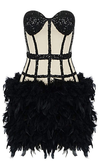 No Fear <br><span>Black Sheer Mesh Sequin Feather Strapless Bustier Bodycon Mini Dress</span>