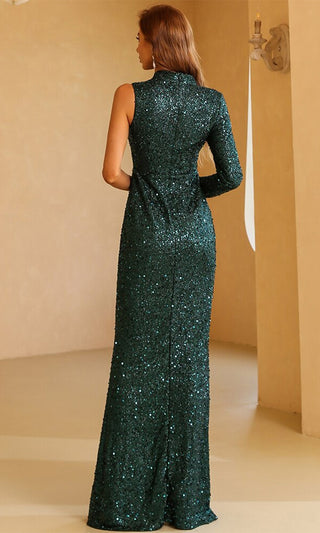 Sound And Glamorous Emerald Green Sequin One Shoulder Long Sleeve Mock Neck Sheer Mesh High Side Slit Bodycon Maxi Dress Gown