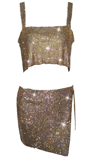 Check Your Temperature Silver Rhinestone Diamanté Metal Mesh Crystal Sleeveless Backless Crop Top Side Tie Mini Two Piece Dress