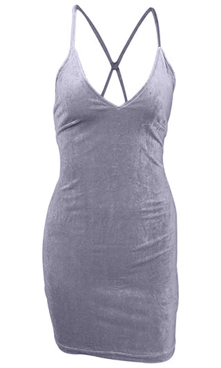 Hot Stuff Gray Velvet Sleeveless Spaghetti Strap Plunge V Neck Lace Up Back Bodycon Mini Dress