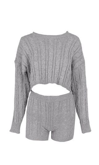 Bust A Move <br><span>Gray Long Sleeve Crew Neck Crop Top Pullover Sweater And Shorts Two Piece Lounge Romper Set </span>