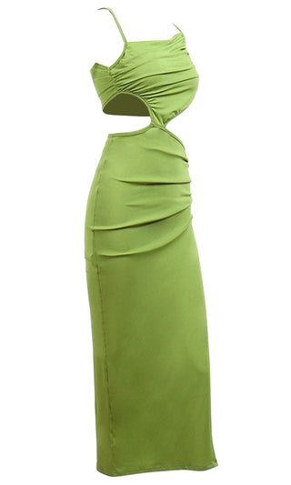 Cut And Paste Green Sleeveless Spaghetti Strap Asymmetrical Cut Out Sides Open Back Ruched Drawstring Side Slit Maxi Dress