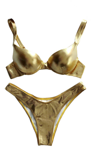 Shining In The Sun <br><span>Gold Metallic Spaghetti Strap Push Up Bra Top Low Rise Bikini Two Piece Swimsuit <span>