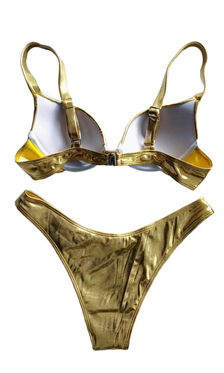 Shining In The Sun , Gold Metallic Spaghetti Strap Push Up Bra Top Low Rise  Bikini Two Piece Swimsuit