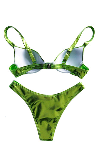 Shining In The Sun <br><span>Green Metallic Spaghetti Strap Push Up Bra Top Low Rise Bikini Two Piece Swimsuit <span>