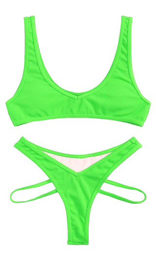 Sunny Days <br><span>Ribbed Sleeveless V Neck Crop Top Low Rise Cut Out Brazilian Thong Two Piece Bikini Swimsuit</span>