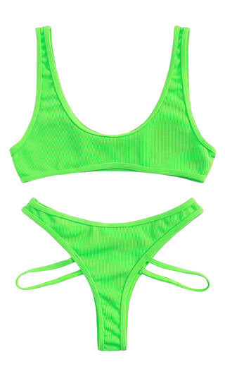 Sunny Days <br><span>Ribbed Sleeveless V Neck Crop Top Low Rise Cut Out Brazilian Thong Two Piece Bikini Swimsuit</span>